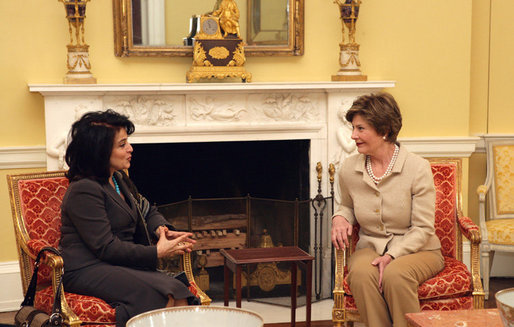 Mrs. Laura Bush visits with Mrs. Hoda Siniora, wife of Lebanon Prime Minister Fouad Siniora, during a tea in the Yellow Oval Room of the White House, Tuesday, April 18, 2006. White House photo by Shealah Craighead