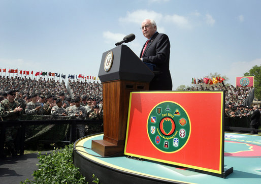 Vice President Dick Cheney delivers remarks during a rally for the troops at Fort Riley Army Base in Kansas, Tuesday, April 18, 2006. Many of the troops in attendance were part of the 3rd Brigade Combat Team who recently returned from Iraq. While deployed in Iraq, the 3rd Brigade Combat Team conducted more than 22,000 patrols, 200 raids, 1,300 cordon and search missions, 6,500 traffic control points, 1,500 convoy security operations and 4,100 supply route security missions. White House photo by David Bohrer