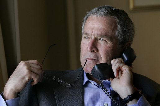 President George W. Bush speaks with Iraqi Parliament Speaker Mahmoud al-Mashhadani during a telephone call in Rancho Mirage, California, Sunday, April 23, 2006. White House photo by Eric Draper