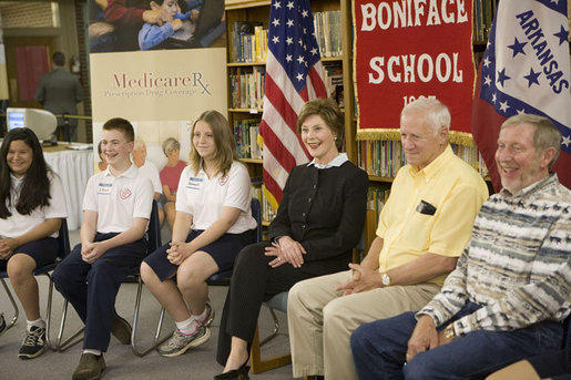 Mrs. Laura Bush meets with St. Boniface sixth-graders and senior citizens Tuesday, May 2, 2006 in Ft. Smith, Ark., to remind seniors of the May 15th enrollment deadline to sign-up for the Medicare Prescription Drug Benefit. White House photo by Kimberlee Hewitt