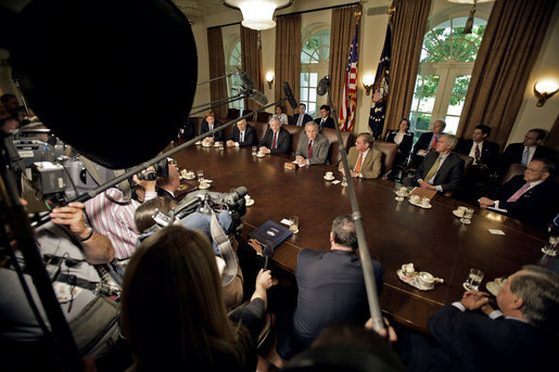 President George W. Bush addresses the press during a meeting with members of Congress in the Cabinet Room Wednesday, May 3, 2006. "We talked about ways to deal with America's energy problem," said President Bush. "And we talked about it in a very constructive way, and I want to thank the members for joining us." White House photo by Eric Draper