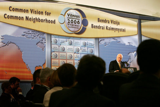 Vice President Dick Cheney delivers the keynote speech Thursday May 4, 2006, at the Vilnius Conference 2006 in Vilnius, Lithuania. In his remarks the Vice President spoke of the story of democracy that has been written over the last two decades in the Baltic and Black Sea regions. "This great story has been repeated many times in the course of a generation, enhancing the lives of millions, and lifting the hopes of millions more," he said , adding, "With the consolidation of democracy, and the expansion of NATO and the European Union, countries that once were rivals have become partners." White House photo by David Bohrer