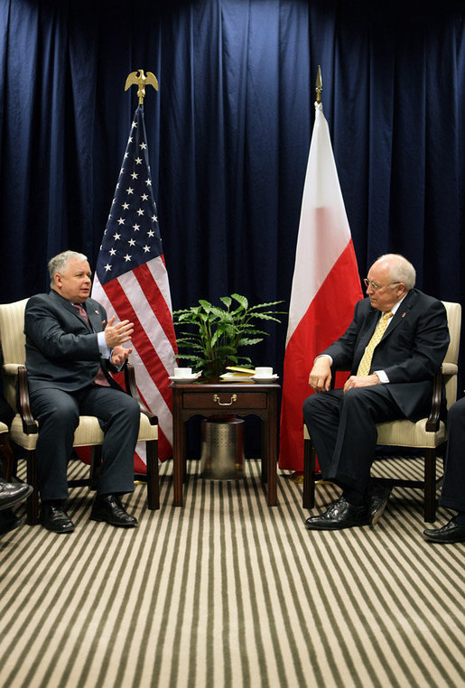Vice President Dick Cheney and Poland’s President Lech Kaczynski hold a bilateral meeting Thursday, May 4, 2006 at the Vilnius Conference 2006 in Vilnius, Lithuania. During the meeting the two leaders discussed the important relationship between the two countries. White House photo by David Bohrer