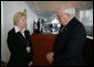 Vice President Dick Cheney meets with Inna Kuley, wife of recently jailed Belarusian democracy advocate Alyaksandr Milinkevich, at the Vilnius Conference 2006 in Vilnius, Lithuania, Thursday, May 4, 2006. Earlier in the day the Vice President delivered the conference's keynote speech and called for the release of Milinkevich and other activists who were jailed after pledging to use civil disobedience to bring about the removal of Belarusian President Alyaksandr Lukashenka. White House photo by David Bohrer