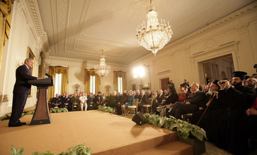 President George W. Bush addresses guests in the East Room of the White House Thursday, May 4, 2006, during a celebration of the National Day of Prayer. White House photo by Eric Draper
