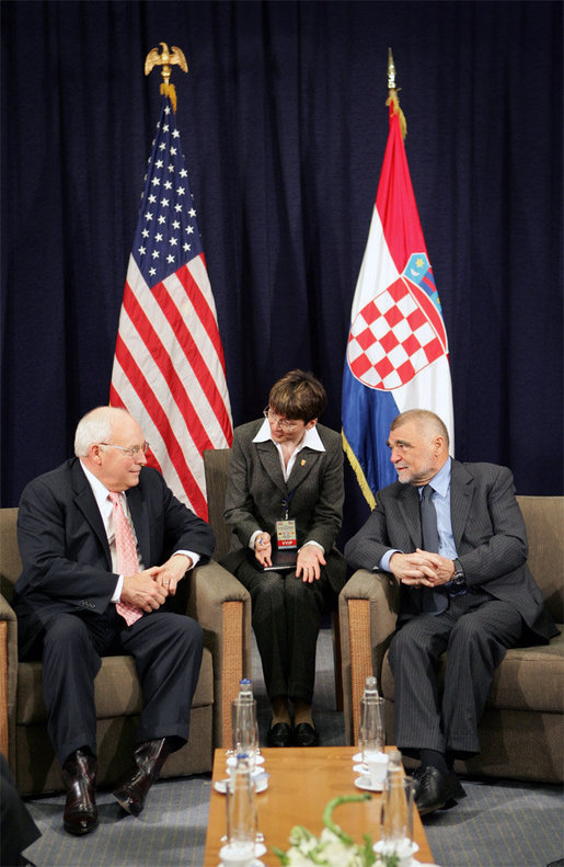 Vice President Dick Cheney meets with Croatian President Stjepan Mesic, Saturday, May 6, 2006 in the southern coastal city of Dubrovnik, Croatia. The Vice President's visit to Croatia is the last stop on a three-country trip. White House photo by David Bohrer