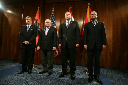 Vice President Dick Cheney stands with Albanian Prime Minister Sali Berisha, left, Croatian Prime Miniser Ivo Sanader, center right, and Macedonian Prime Minister Vlado Buckovski, right, during a multilateral meeting of the Adriatic Charter countries, Sunday, May 7, 2006 in Dubrovnik, Croatia. White House photo by David Bohrer