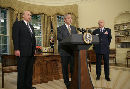 President George W. Bush announces his nomination of Gen. Michael V. Hayden as the next Director of the Central Intelligence Agency Monday, May 8, 2006, in the Oval Office as Ambassador John Negroponte, Director of National Intelligence, looks on. Said the President of Gen. Hayden: "He's the right man to lead the CIA at this critical moment in our nation's history." White House photo by Paul Morse