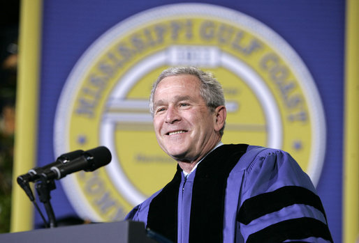 President addresses the 2006 graduation class at Mississippi Gulf Coast Community College in Biloxi, Miss., Thursday, May 11, 2006. "This afternoon, we celebrate commencement in a stadium that is still under repair, near streets lined with temporary housing, in a region where too many lives have been shattered -- and there has never been a more hopeful day to graduate in the state of Mississippi," said the President. White House photo by Paul Morse