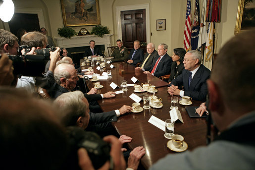 President George W. Bush talks with the press after discussing Iraq with former Secretaries of State and Defense in the Roosevelt Room Friday, May 12 ,2006. "Since we last met, a unity government is now in the process of becoming formed. I've got great hopes about this unity government," said the President. "We've got a Shia as the Prime Minister-designee, a Sunni as the Speaker, a Kurd as the President, all of whom have dedicated themselves to a country moving forward that meets the hopes and aspirations of the Iraqi people." White House photo by Eric Draper