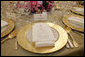 The dinner setting for President George W. Bush is seen Tuesday, May 16, 2006, in the State Dining Room of the White House for the official dinner in honor of Australian Prime Minister John Howard and his wife Janette Howard. White House photo by Shealah Craighead