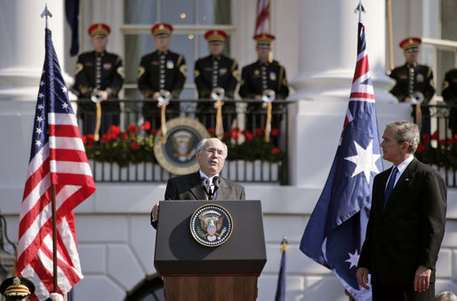 Prime Minister John Howard speaks during the State Arrival Ceremony held in his honor on the South Lawn Tuesday, May 16, 2006. "Terrorism respects no value system; terrorism does not respect the tenets of the great religions of the world; terrorism is based on evil, intolerance and bigotry," said Prime Minister Howard of America and Australia's efforts in the War of Terror. "And no free societies, such as Australia and the United States, can ever buckle under to bigotry and intolerance." White House photo by Paul Morse