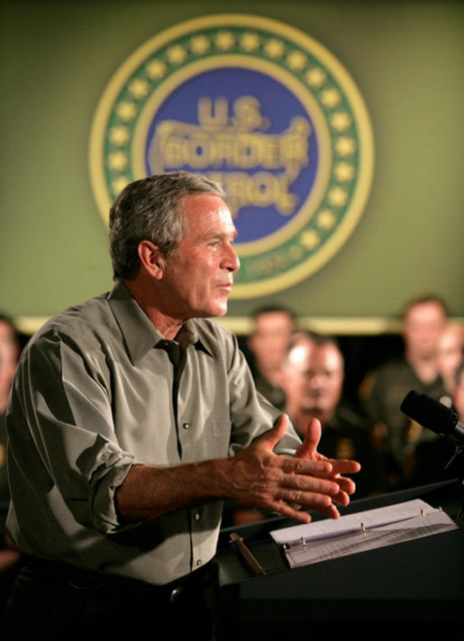 President George W. Bush delivers remarks on border security and immigration reform at the U.S. Border Patrol Yuma Sector Headquarters in Yuma, Arizona, Thursday, May 18, 2006. White House photo by Eric Draper