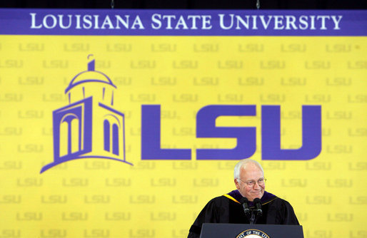Vice President Dick Cheney addresses graduates and their families, Friday, May 19, 2006 at Louisiana State University's 259th Commencement in Baton Rouge, Louisiana. "We look with tremendous respect to what happened on the LSU campus," said the vice president of LSU's response to Hurricane Katrina. "This community stood together as one, and provided an example of teamwork and compassion that impressed the entire nation. And on behalf of the nation, I thank you." White House photo by David Bohrer
