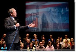 President George W. Bush delivers remarks on the War on Terror Monday, May 22, 2006, at Arie Crown Theater at Lakeside Center in Chicago.  White House photo by Eric Draper