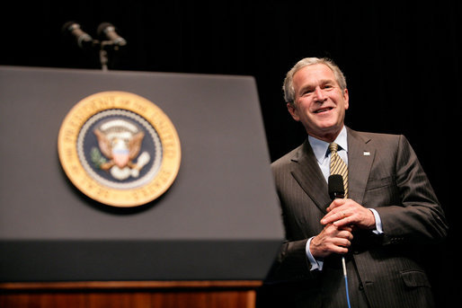 President George W. Bush reacts while taking questions from the audience Monday, May 22, 2006, following his remarks on the War on Terror to the National Restaurant Association gathering at Chicago's McCormick Place. White House photo by Eric Draper