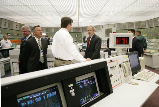 President George W. Bush meets workers in the control room at the Limerick Generating Station in Limerick, Pa., Wednesday, May 24, 2006 , where President Bush addressed an audience urging the the advancement of nuclear energy as part of a diversified U.S. energy policy. White House photo by Kimberlee Hewitt
