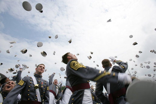 Graduates of the U.S. Military Academy take part in the traditional hat toss Saturday, May 27, 2006, after commencement ceremonies in West Point, N.Y. President George W. Bush delivered the commencement speech to the 861 Cadets. White House photo by Shealah Craighead