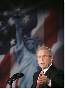 President George W. Bush delivers remarks Thursday, June 1, 2006, on Comprehensive Immigration Reform during an appearance at the United States Chamber of Commerce. Said the President, "America can be a lawful society and America can be a welcoming society at the same time." White House photo by Paul Morse