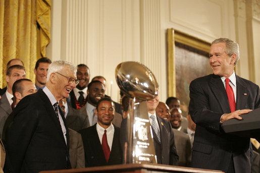 President George W. Bush addresses his remarks to Pittsburgh Steelers owner Dan Rooney as he welcomes the Super Bowl Champion Pittsburgh Steelers to the White House, Friday, June 2, 2006, during a ceremony in the East Room to honor the Super Bowl champs. White House photo by Eric Draper