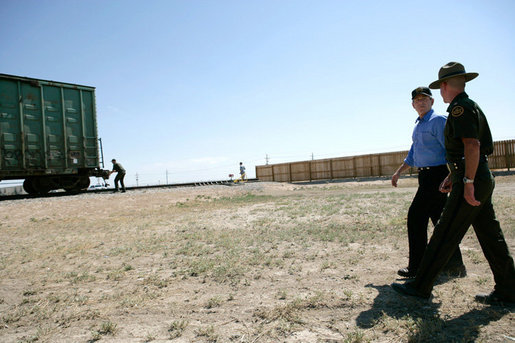 President George W. Bush with Acting Border Patrol Academy Chief Charlie Whitmire tours the Federal Law Enforcement Training Center Artesia Facility in Artesia, New Mexico, Tuesday, June 6, 2006. White House photo by Eric Draper