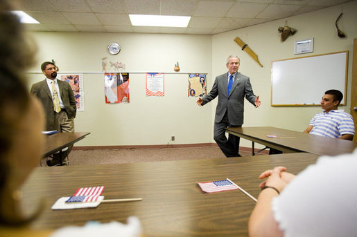President George W. Bush visits with a U.S. citizenship class at Catholic Charities – Juan Diego Center in Omaha, Nebraska, Wednesday, June 7, 2006. White House photo by Eric Draper