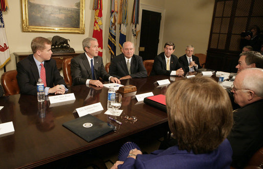 President George W. Bush meets with seven of the nation's governors in the Roosevelt Room at the White House Thursday, June 8, 2006, to discuss the Line Item Veto. President Bush, seen seated between Governor Matt Blunt, R-Mo., left, and Governor Sonny Perdue, R-Ga., right, also met with Governor Kathleen Blanco, D-La., Governor Tim Kaine, D-Va., Governor Bill Owens, R-Co., Governor Bob Riley, R-Al., and Governor Jeb Bush, R-Fla. White House photo by Kimberlee Hewitt