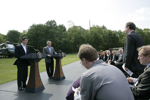President George W. Bush and Prime Minister Anders Rasmussen of Denmark hold a joint news conference at Camp David Friday, June 9, 2006. White House photo by Eric Draper