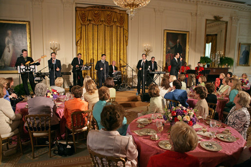 Members of the cast from the Tony award-winning musical Jersey Boys perform during a luncheon for Senate Spouses hosted by Mrs. Laura Bush in the East Room Monday, June 12, 2006. White House photo by Shealah Craighead