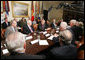 President George W. Bush, is joined by Vice President Dick Cheney, Defense Secretary Donald Rumsfeld, left, and Secretary of State Condoleezza Rice, right, as he addresses members of the Iraq Study Group Wednesday, June 14, 2006 in the Roosevelt Room at the White House, thanking the bipartisan group for their willingness to provide advice to the administration on Iraq. White House photo by Kimberlee Hewitt