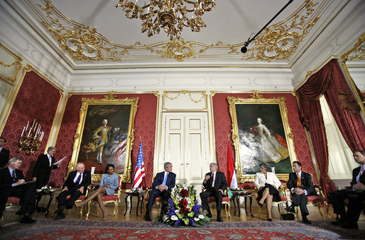 President George W. Bush meets with Hungarian President Laszlo Solyom at Sandor Palace in Budapest, Hungary, Thursday, June 22, 2006. Also pictured, from left, are: U.S. Ambassador George Walker; Secretary of State Condoleezza Rice; Hungarian Minister of Foreign Affairs Kinga Goncz; and Hungarian Ambassador Andras Simonyi. White House photo by Eric Draper