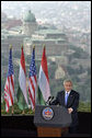 President George W. Bush speaks from Gellert Hill in Budapest, Hungary, Thursday, June 22, 2006. "Fifty years ago, you could watch history being written from this hill. In 1956, the Hungarian people suffered under a communist dictatorship and domination by a foreign power," said President Bush. "That fall, the Hungarian people had decided they had had enough and demanded change." White House photo by Paul Morse