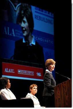 Mrs. Laura Bush flanked by Caitlyn Clarke, left, and Leslie Berger, ALA president-elect, Monday, June 26, 2006, announced that the Institute of Museum and Library Services’ Librarians for the 21st Century Program is awarding more than $20 million to support almost 3,900 library-science students at 35 universities, during the 2006 American Library Association Conference in New Orleans, Louisiana. White House photo by Shealah Craighead