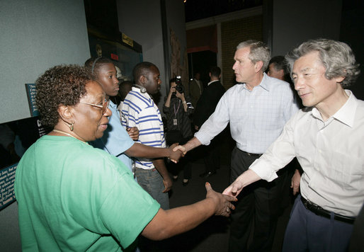 President George W. Bush and Prime Minister Junichiro Koizumi meet visitors to the National Civil Rights Museum during an unscheduled stop Friday, June 30, 2006, while in Memphis for a tour of Graceland. White House photo by Eric Draper