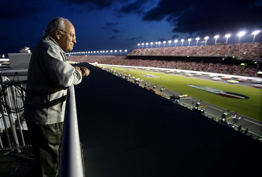 Vice President Dick Cheney watches the 2006 Pepsi 400 NASCAR race Saturday, July 1, 2006, from the infield at Daytona International Speedway in Daytona, Fla. White House photo by David Bohrer