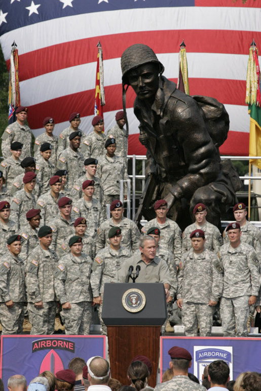 President George W. Bush addresses his remarks to U.S. troops and their family members Tuesday, July 4, 2006, during an Independence Day celebration at Fort Bragg in North Carolina. President Bush thanked the troops and their families for their service to the nation. White House photo by Paul Morse