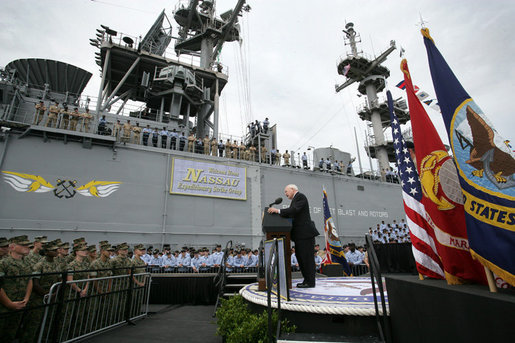 Vice President Dick Cheney delivers remarks to sailors and Marines, Friday, July 7, 2006, aboard the Amphibious Assault ship USS Wasp docked at the Norfolk Naval Station in Norfolk, Va. "All around us today are the signs of American sea power- a fleet like none that has ever sailed before, a Navy and Marine Corps that uphold noble traditions, and a flag that stands for freedom, for human rights, and for stability in a turbulent world," said Vice President Cheney. White House photo by David Bohrer