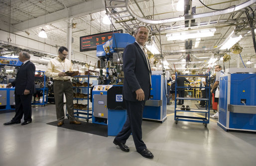 President George W. Bush visits the Allen-Edmonds Shoe Corporation in Port Washington, Wis., Tuesday, July 11, 2006. "This is a company that has benefited because of the tax cuts," said President Bush. "It's a sub-chapter s company. You've often heard me talk about cutting taxes on individuals benefits small businesses. This is a company that had benefited from the tax cuts. It's also a company that made additional investments because of the tax relief we passed." White House photo by Kimberlee Hewitt