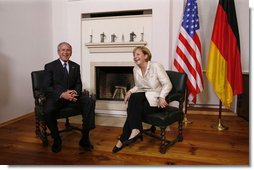 President George W. Bush meets one-on-one with German Chancellor Angela Merkel in Stralsund, Germany, Thursday, July 13, 2006. White House photo by Eric Draper