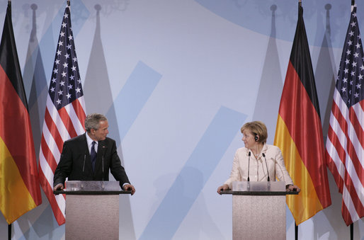 President George W. Bush and Chancellor Angela Merkel hold a joint press conference in Stralsund, Germany, Thursday, July 13, 2006. "We had a good discussion -- it's more than a discussion, it's really a strategy session, is the way I'd like to describe it," said President Bush. "We talked about a lot of subjects. We talked about the Middle East and Iran, and I briefed the Chancellor on North Korea. We talked about Iraq and Afghanistan, as well." White House photo by Paul Morse