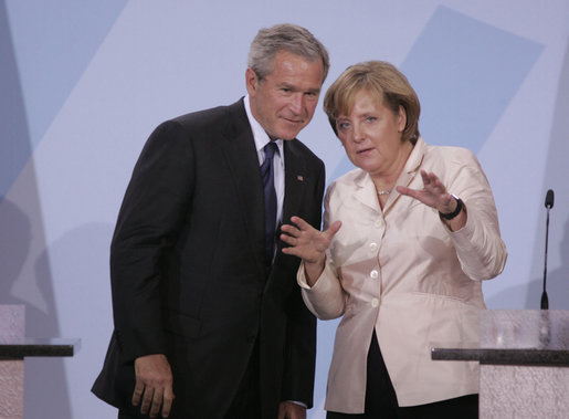 President George W. Bush and Chancellor Angela Merkel hold a joint press conference in Stralsund, Germany, Thursday, July 13, 2006. White House photo by Paul Morse