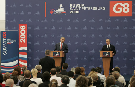 President George W. Bush and President Vladimir Putin of Russia, answer questions from reporters during a joint press availability at the International Media Center at the Konstantinovsky Palace Complex in Strelna, Russia, site of the 2006 G8 Summit. White House photo by Paul Morse