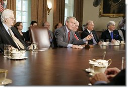President George W. Bush meets bipartisan members of Congress Tuesday, July 18. 2006, in the Cabinet Room at the White House speaking about his recent trip to the G8 Summit in Russia. White House photo by Kimberlee Hewitt