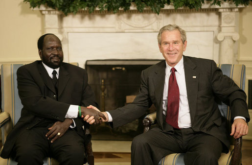 President George W. Bush welcomes Salva Kiir, the First Vice President of the Government of National Unity of Sudan and the President of Southern Sudan, during a meeting in the Oval Office Thursday, July 20, 2006. White House photo by Eric Draper