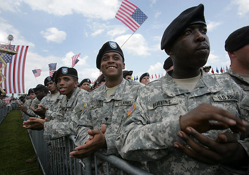 Soldiers applaud Vice President Dick Cheney as he delivers his remarks at a rally at Fort Stewart, Ga., Friday, July 21, 2006. During his address the Vice President recognized the Georgia National Guard’s 48th Brigade Combat Team who returned to Fort Stewart in May after serving one year in Iraq. While based in Baghdad the 48th Brigade Combat Team trained the Iraqi Security Force’s 4th Army Brigade. White House photo by David Bohrer
