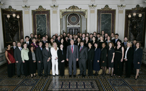 President George W. Bush poses for a photo with the recipients of the 2005 Presidential Early Career Awards for Scientists and Engineers in the Indian Treaty Room of the Eisenhower Executive Office Building in Washington, D.C., Wednesday, July 26, 2006. The Presidential Early Career Awards for Scientists and Engineers, established in 1996, represents the highest honor that any young scientists or engineer can receive in the United States. White House photo by Kimberlee Hewitt