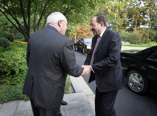 Vice President Dick Cheney welcomes Prime Minister of Iraq Nouri al-Maliki to the Vice President’s residence at the U.S. Naval Observatory in Washington, D.C. for a dinner, Wednesday, July 26, 2006. Earlier in the day Prime Minister Maliki addressed a Joint Meeting of Congress and accompanied President George W. Bush in meeting with U.S. military personnel at Fort Belvoir, Va. White House photo by David Bohrer