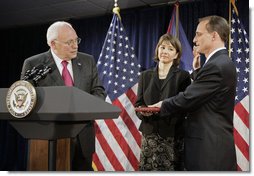 Vice President Dick Cheney swears in Steven Preston as the Administrator of the Small Business Administration during a ceremony at the Offices of the Small Business Administration in Washington, D.C., Wednesday, July 26, 2006. Preston’s wife, Molly, holds the Bible. White House photo by Kimberlee Hewitt