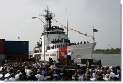 President George W. Bush discusses America's economy at the U.S. Coast Guard Integrated Support Command at the Port of Miami Monday, July 31, 2006. "It's an honor to be here at the largest container port in Florida and one of the most important ports in our nation," said President Bush. "From these docks, ships loaded with cargo deliver products all around the world carrying that label "Made in the USA."' White House photo by Kimberlee Hewitt