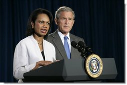 Secretary of State Condoleezza Rice answers questions on the Middle East during a news conference with President George W. Bush Monday, Aug. 7, 2006, in Crawford, Texas.  White House photo by Eric Draper
